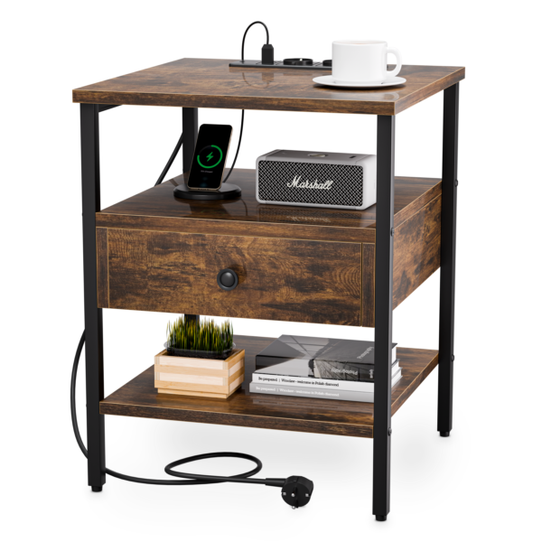 Noptiera cu Sertar, Doctor Home Earth Evo, 40 x 40 x 50 CM, 2 Prize si 2 X USB, Cadru Metal - Maro Rustic