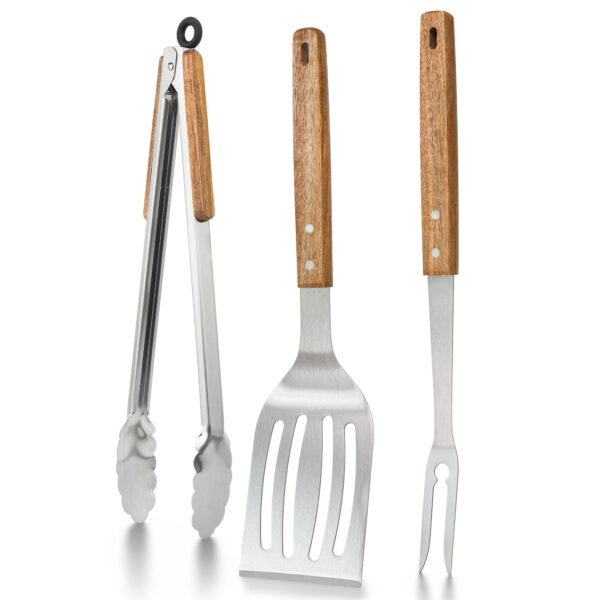 Set Ustensile Gratar Mr. Grill, 3 Bucati, Otel Inoxidabil, Maner Lemn - Furculita, Spatula, Cleste
